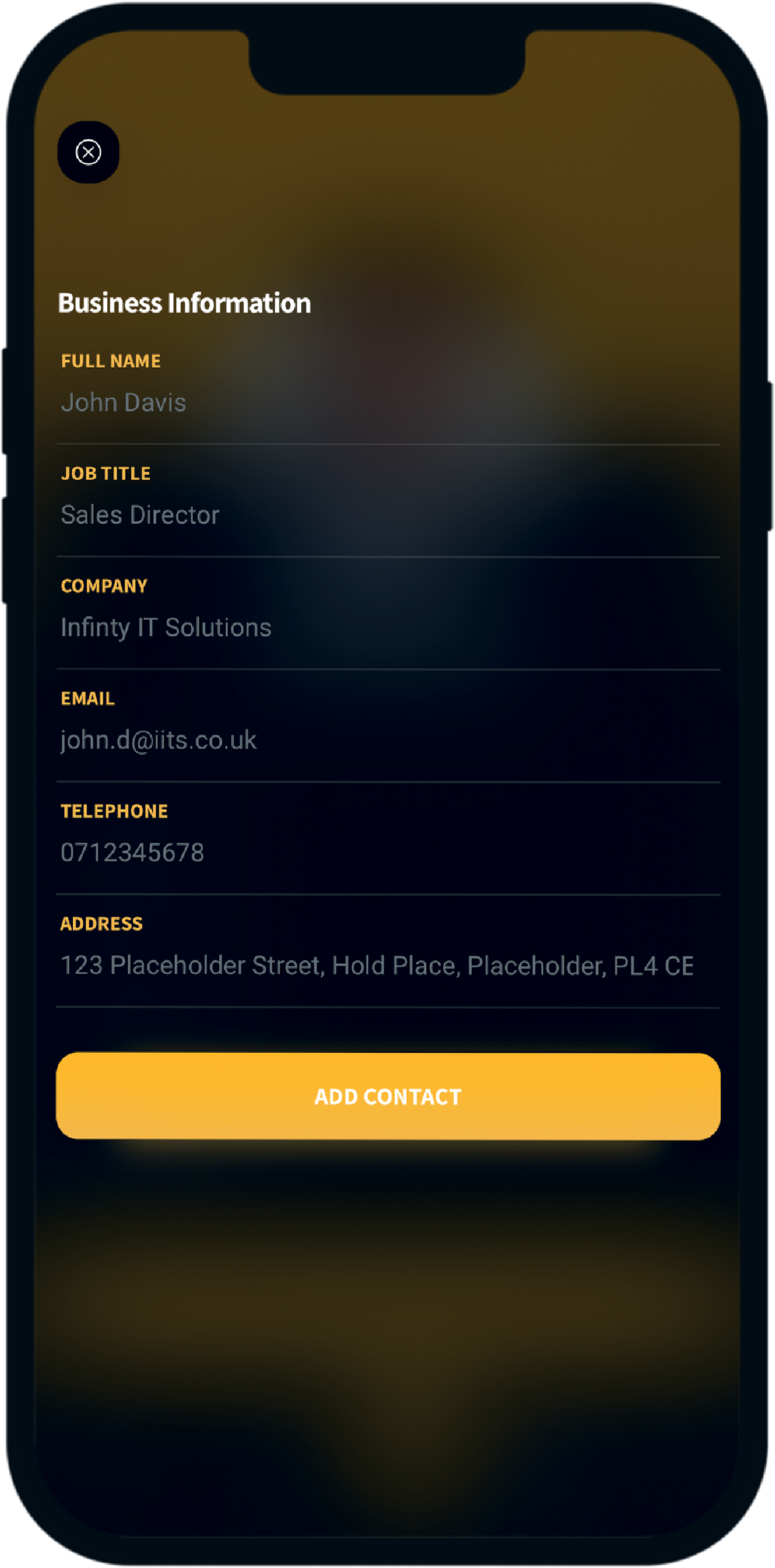 A cell phone displaying business information on a virtual profile.	