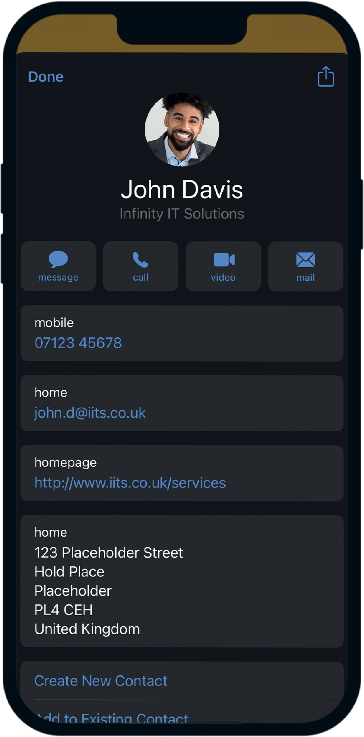 A cell phone displaying contact information on a virtual profile.	